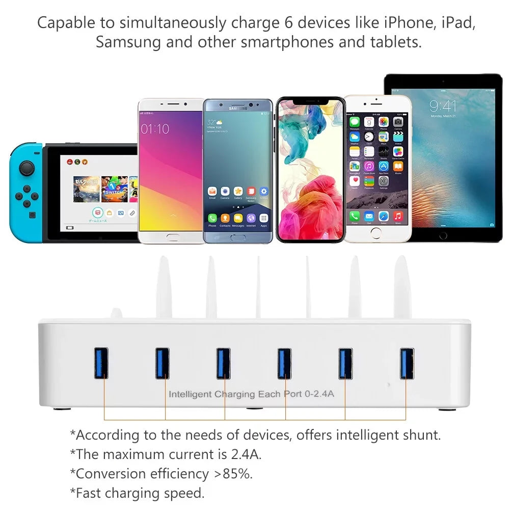 USB Charging Station for Multiple Devices - Fast Charging Organizer with 6 USB Ports Dock Cell Phone for , , Android Phone, iPhone