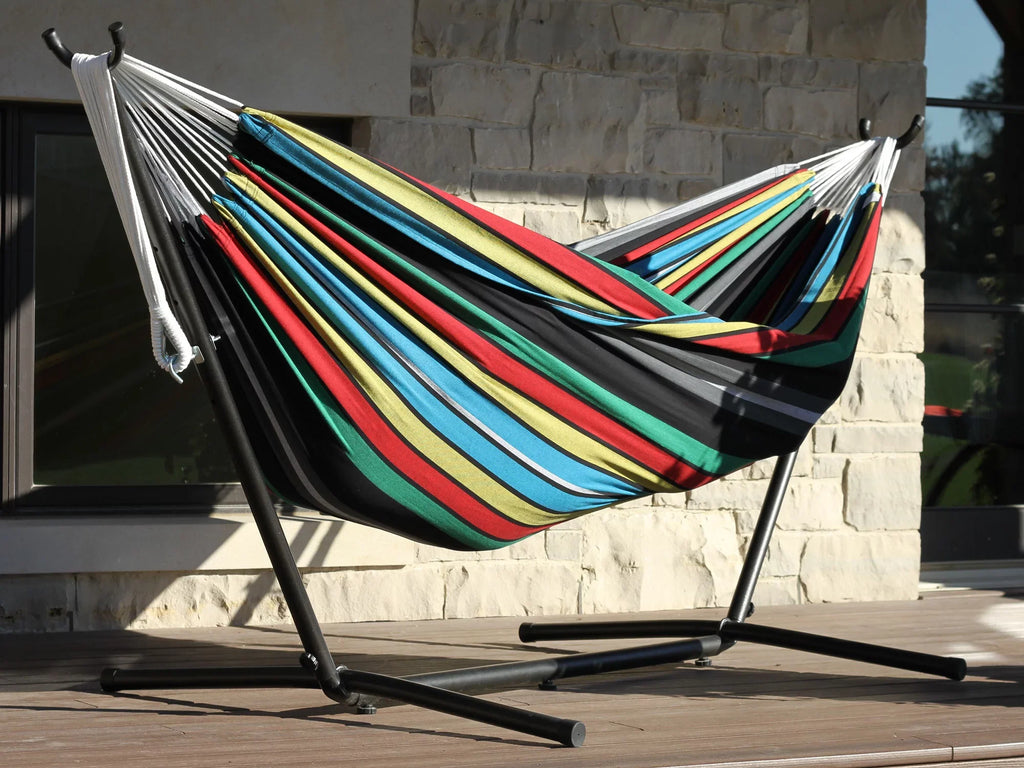 The Hamptons Collection 110” charcoal and Blue Striped Brazilian Style Hammock with a Steel Hammock