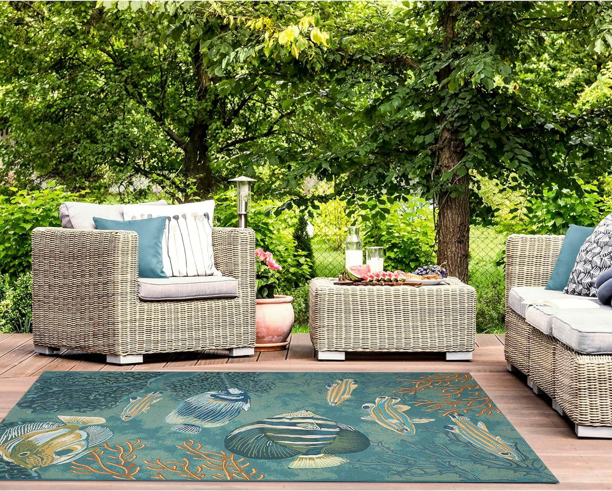 Marina Indoor/Outdoor Power Loomed Synthetic Blend Low Profile Area Rug - Transitional Graphic Coastal Animal Colorful (Fish Aqua) (6'6" X 9'4")