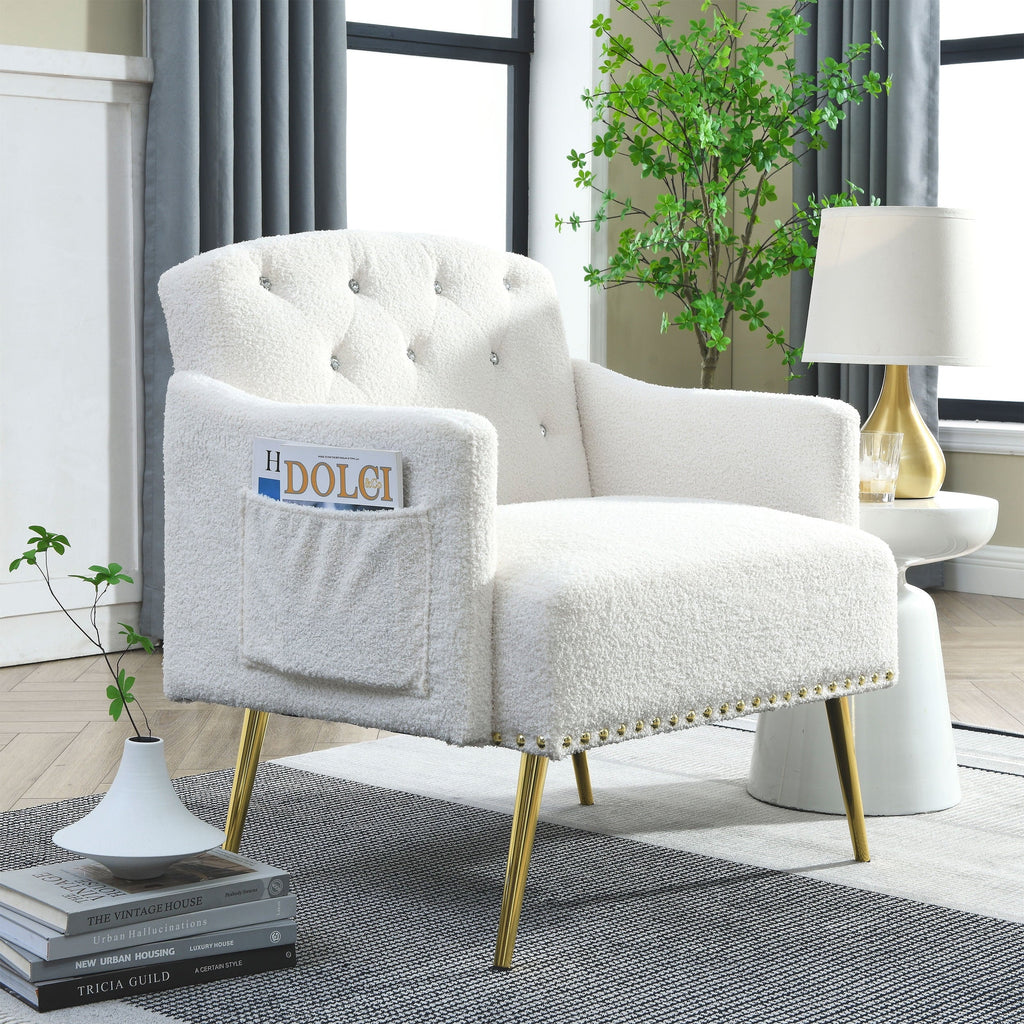 [Video]Welike 30 "W Modern Chesterfield Tufted Upholstered Chair with Deep Buttons, Living Room Chair, Comfortable Armchair, Gold Hardware Legs, Tufted Chair for Reading or Relaxing, WHITE TEDDY