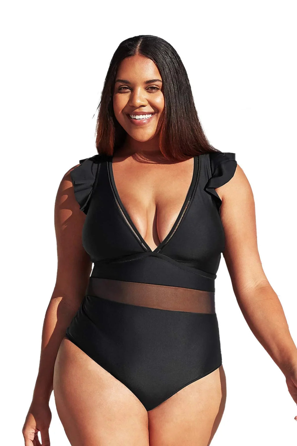 Cupshe Women's Plus Size One Piece ebony V Neck Ruffle Mesh Bathing Suit, XXXXL
