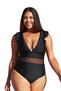 Cupshe Women's Plus Size One Piece ebony V Neck Ruffle Mesh Bathing Suit, XXXXL