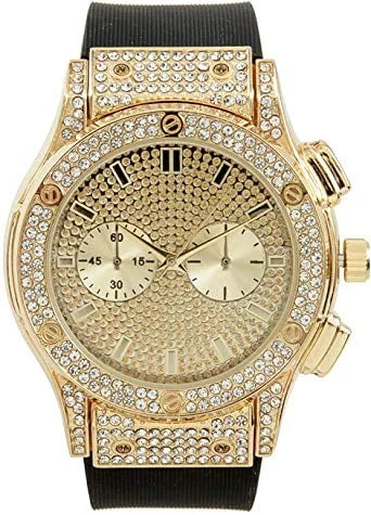 Charles Raymond Big Bling Watch Inspired by Hip Hop - Mens Iced Out Timepiece - Faux Chrono Eyes - Diamond Rhinestones on Blast - ST10311 (Gold Rubber Cuban)