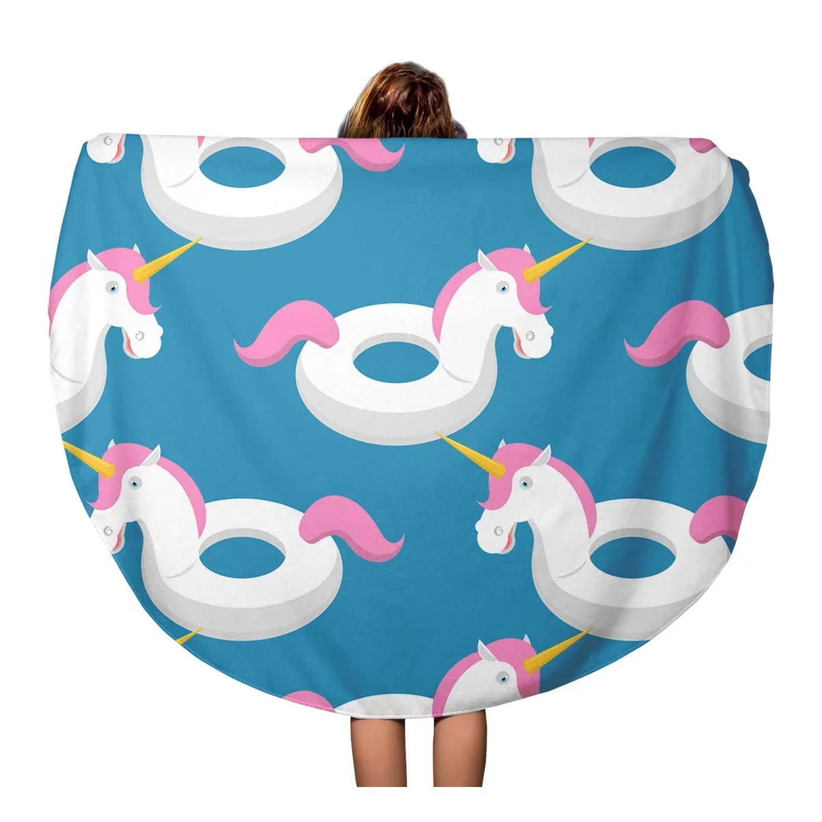 KDAGR 60 inch Round Beach Towel Blanket Blue Inflatable Unicorn Pattern Magic Beast Toy for Swimming Travel Circle Circular Towels Mat Tapestry Beach Throw
