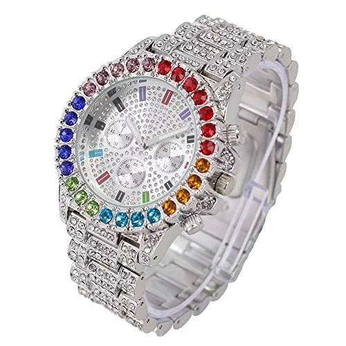 Iced Out Colourful Rainbow Flame Collection (ST10327CO-ZZ SLV). Charles Raymond Iced Out Mens Color on Blast Watch Single or Combo Sets with Blinged Out Bracelets Set