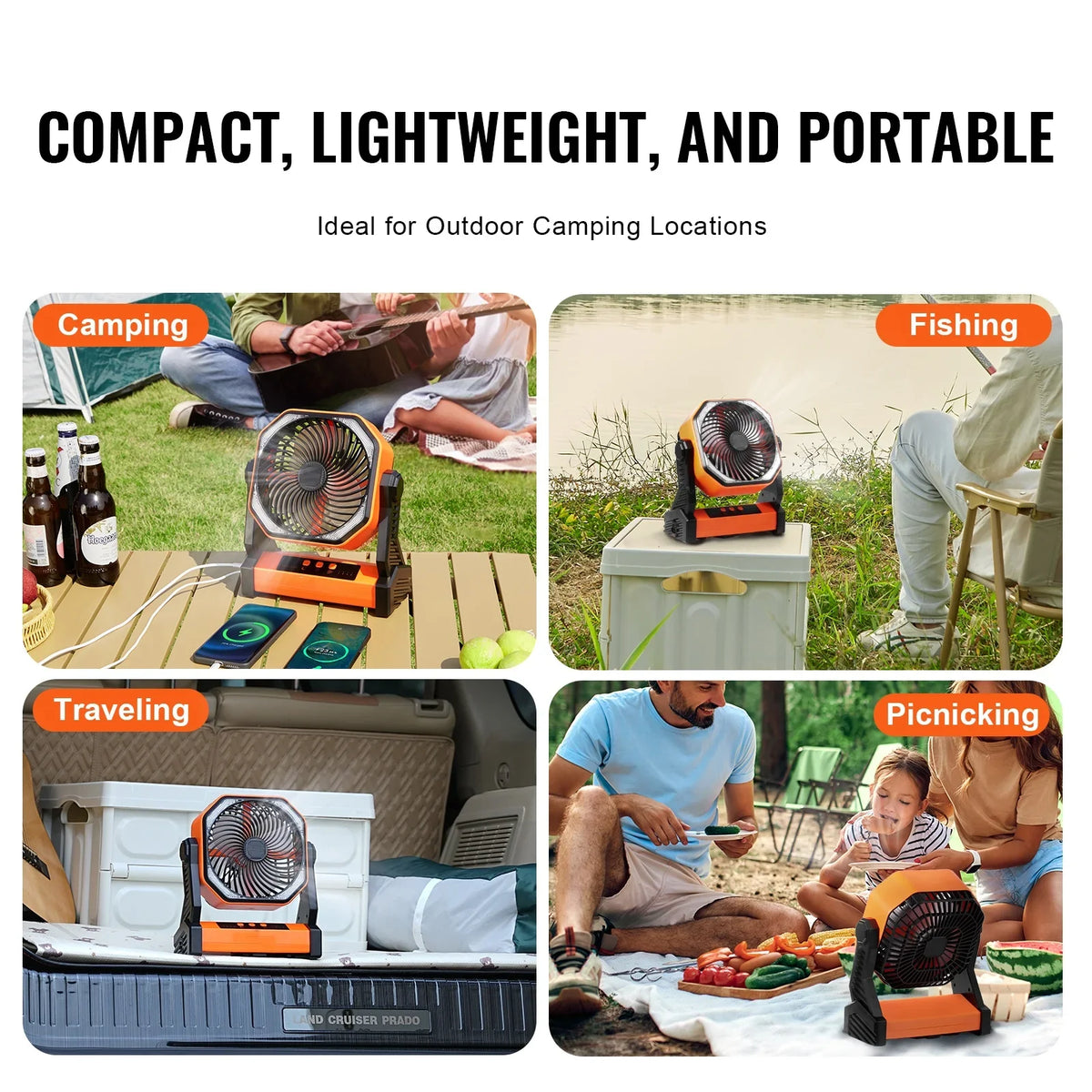 SKYSHALO 8 1 inch Portable Fan Rechargeable with LED Lantern 4 Speeds Adjustable