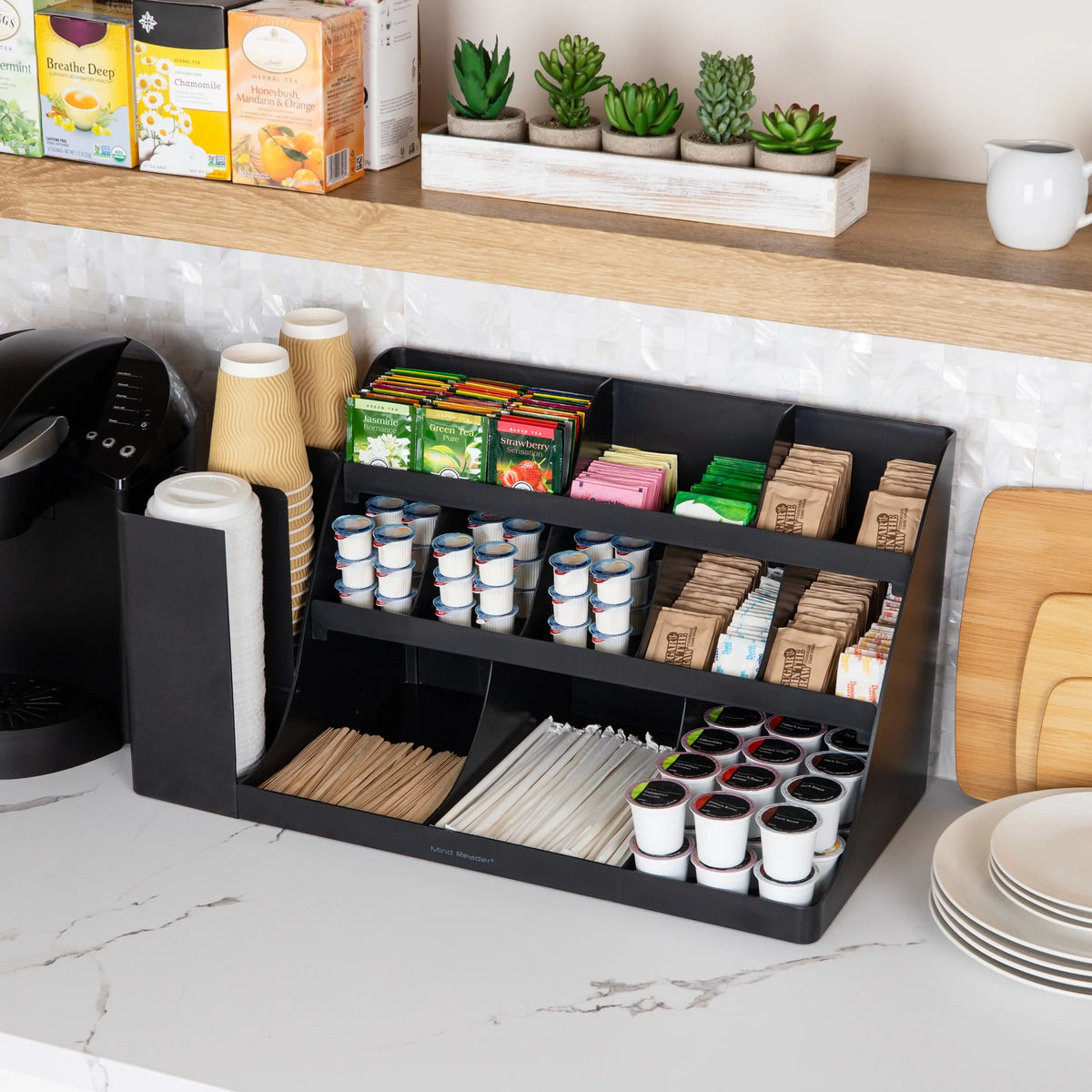 Mind Reader Cup and Condiment Station, Countertop Organizer, Coffee Bar, Kitchen, Stirrers, charcoal