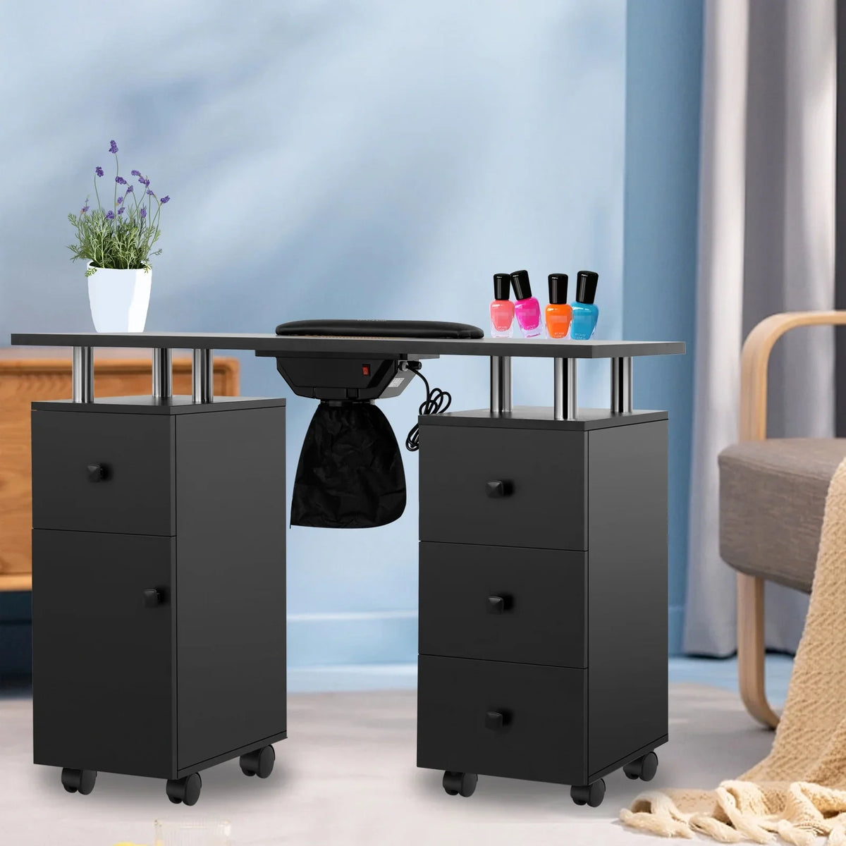 LUXMARS Manicure Table Nail Desk for Technician, Nail Table w/ Electric Dust Collector & Wrist Rest Cushion, Acetone Resistant Nail Table Station w/Lockable Wheels & Drawers & Cabinet - charcoal