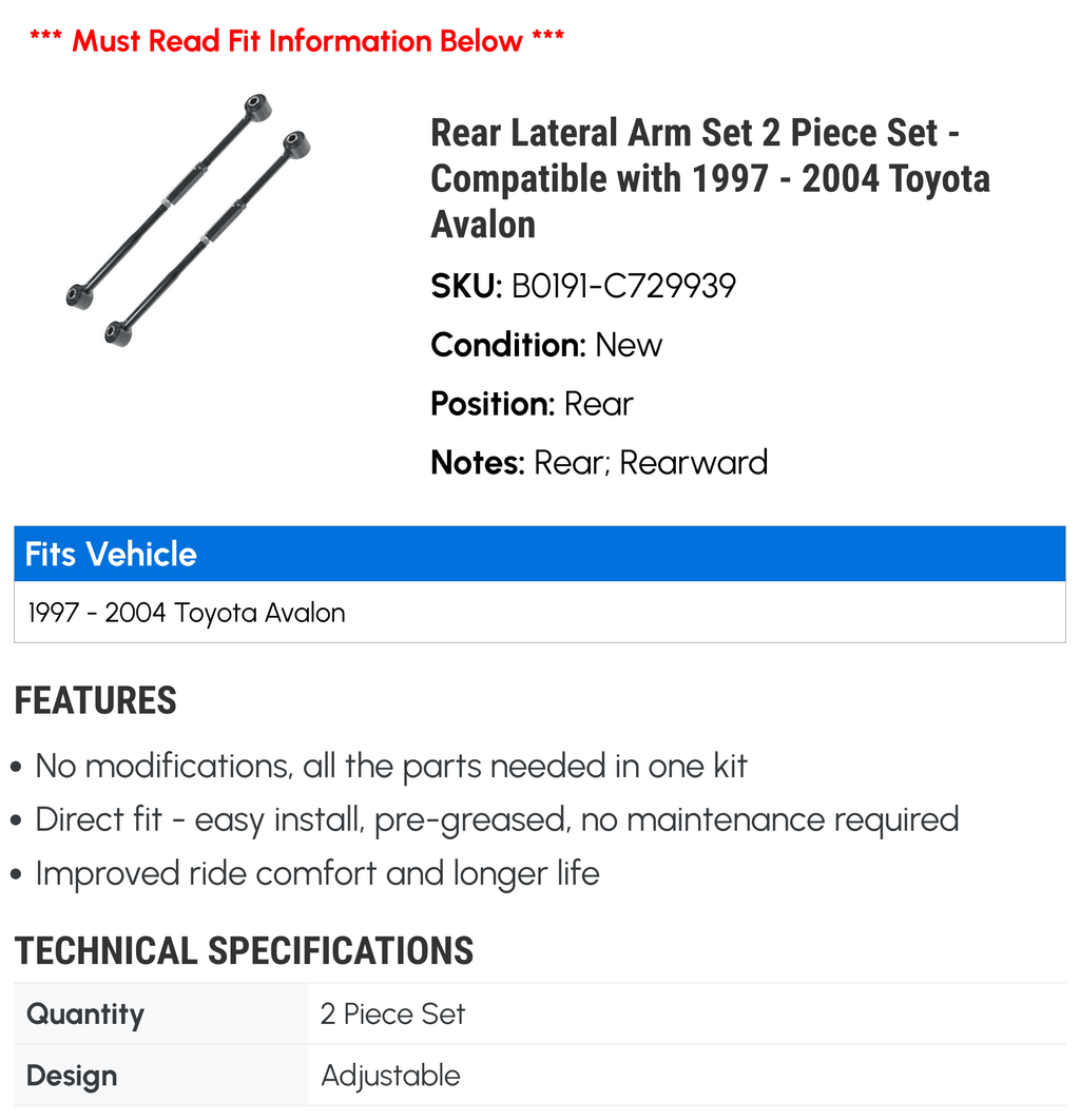 Rear Lateral Arm Set 2 Piece Set - Compatible with 1997 - 2004  Avalon 1998 1999 2000 2001 2002 2003
